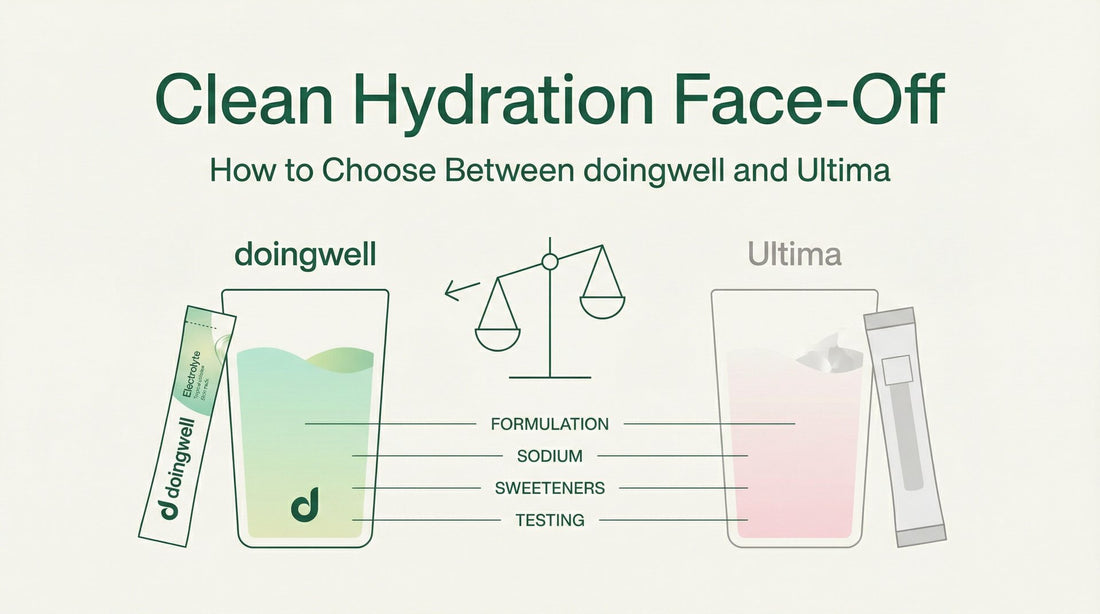 Cover graphic comparing doingwell and Ultima on clean-hydration criteria — sodium, sweetener, testing