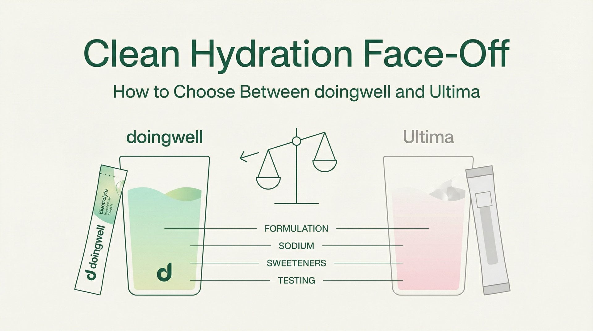 Cover graphic comparing doingwell and Ultima on clean-hydration criteria — sodium, sweetener, testing