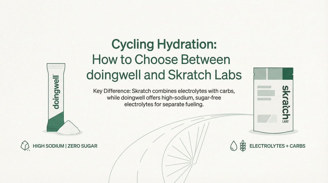 Cover graphic comparing doingwell and Skratch Labs for cycling hydration — sodium, sugar, testing