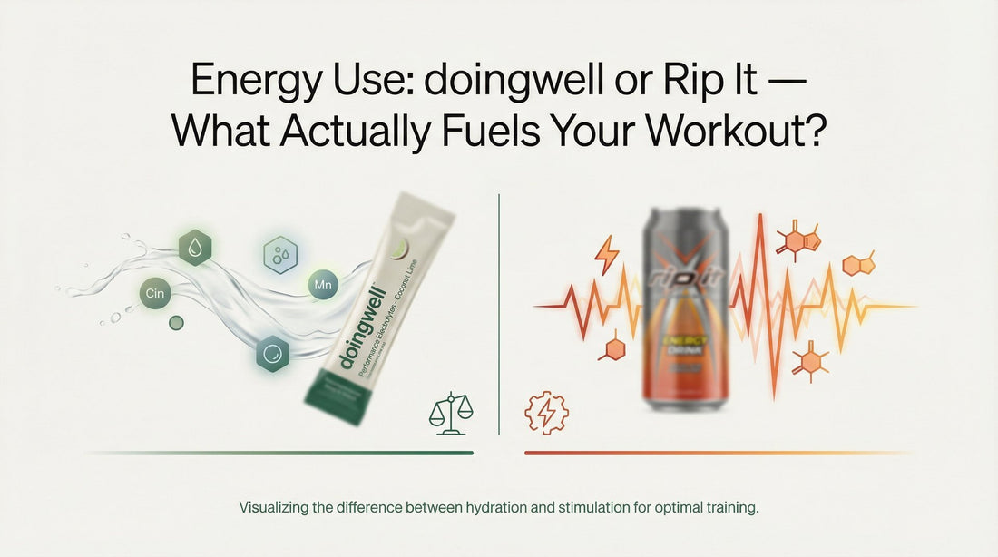 Cover graphic comparing doingwell and Rip It on what fuels workouts — sodium, sugar, sweetener