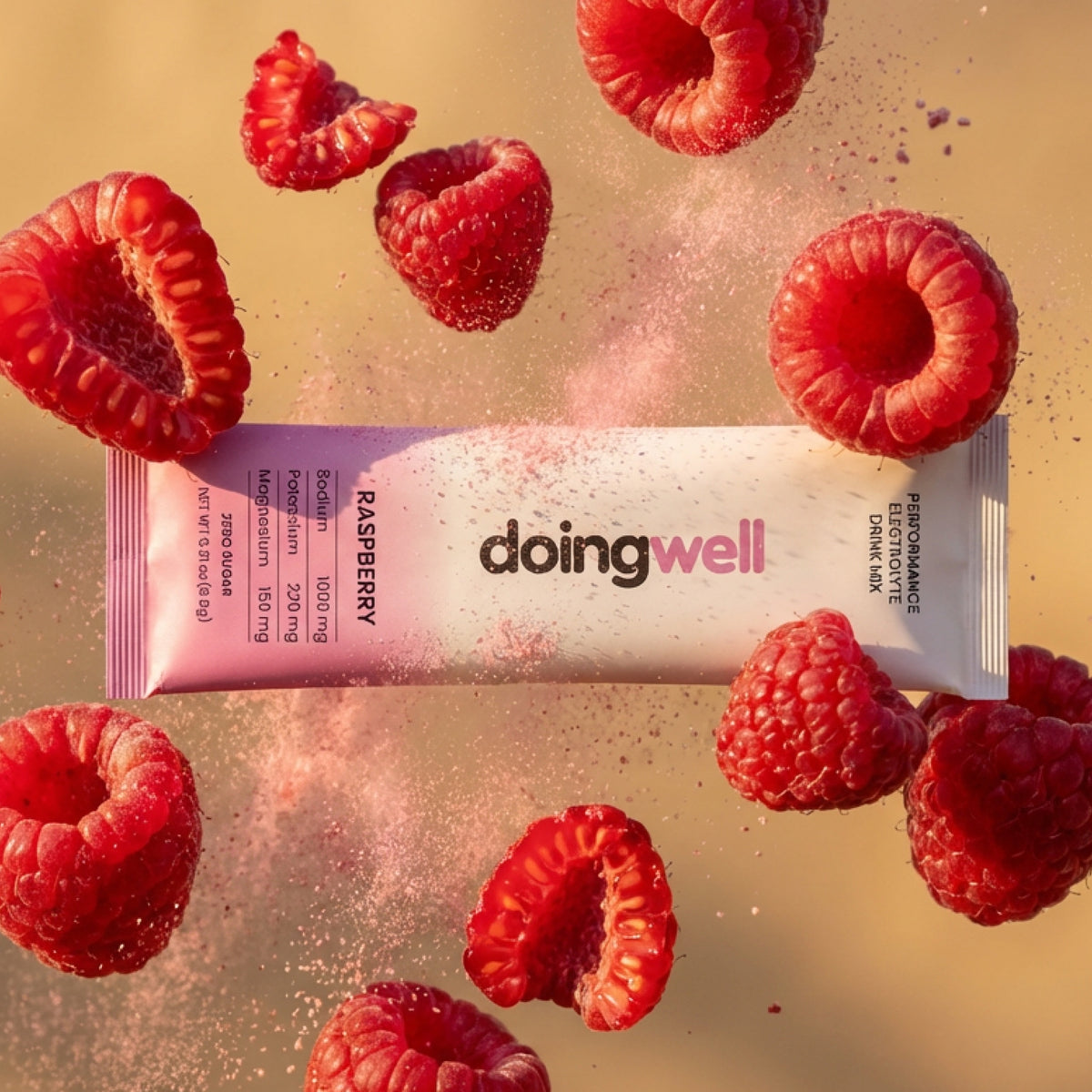 doingwell Raspberry electrolyte stick pack with fresh raspberries