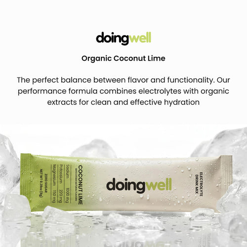 DoingWell Coconut Lime product card featuring the doingwell logo, "Organic Coconut Lime" headline, and description text about the performance formula combining electrolytes with organic extracts, with a Coconut Lime stick pack resting on crushed ice