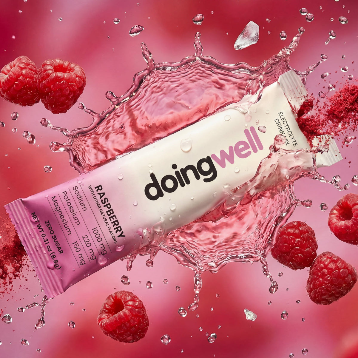 doingwell Raspberry electrolyte stick pack with a water splash