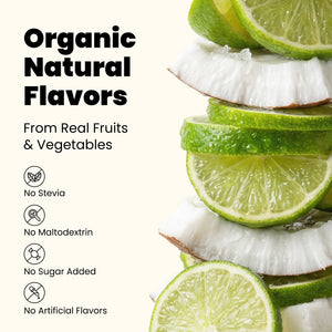 Stack of sliced limes and coconuts with text about organic electrolytes organic natural flavors on a white background.
DoingWell Coconut Lime electrolyte powder stick pack, single serving. No stevia. No maltodextrin. No sugar (sugar free). No artificial flavors. 