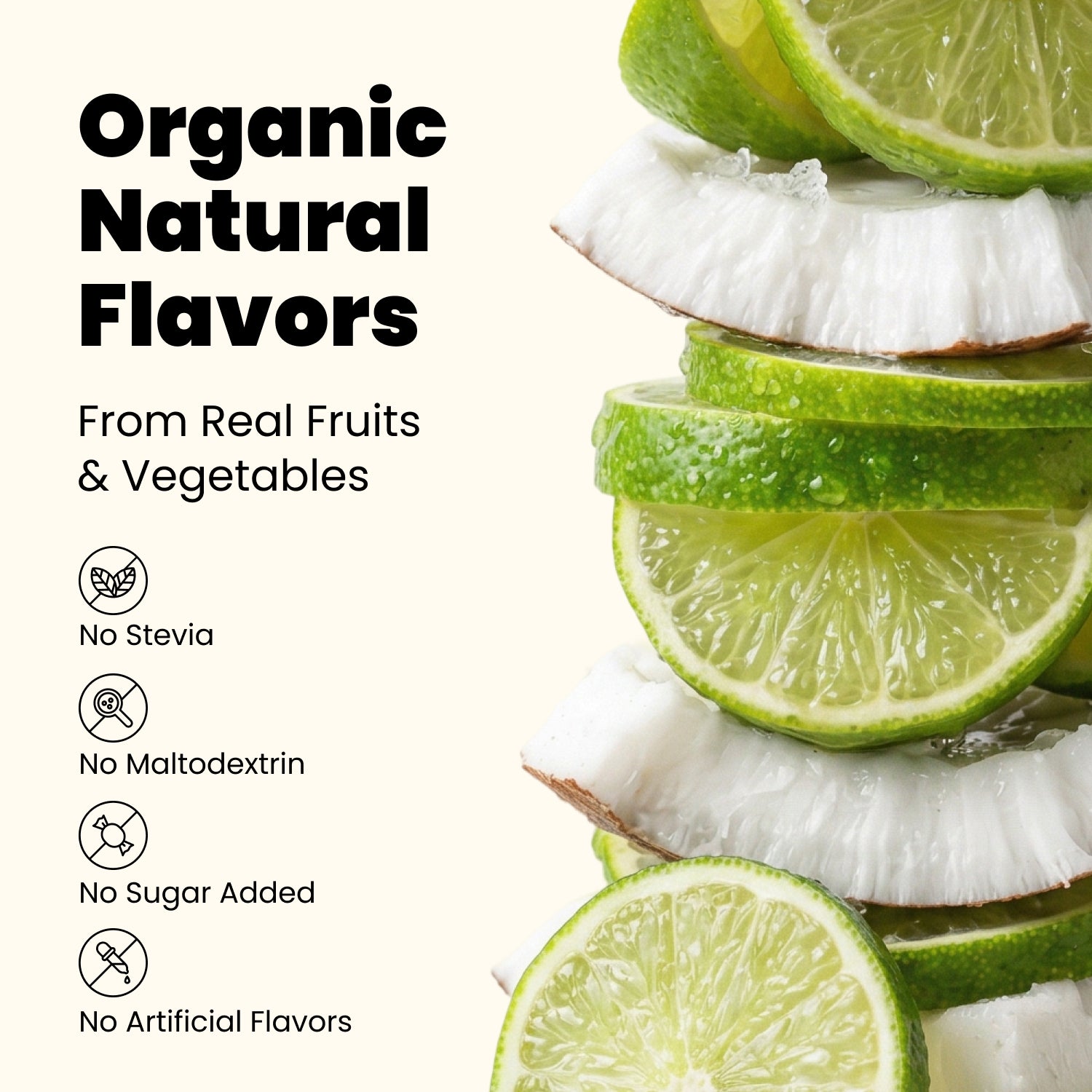 Stack of sliced limes and coconuts with text about organic electrolytes organic natural flavors on a white background.
DoingWell Coconut Lime electrolyte powder stick pack, single serving. No stevia. No maltodextrin. No sugar (sugar free). No artificial flavors. 