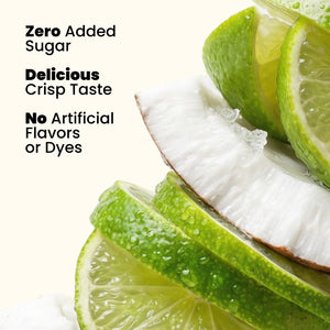 Fresh limes and coconut beside doingwell Coconut Lime stick pack — zero sugar, no artificial flavors