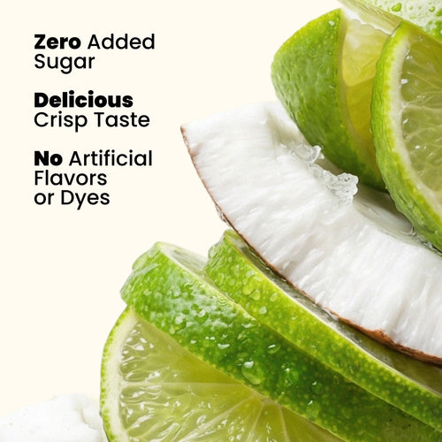 Sliced green fruit with text about zero added sugar, delicious crisp taste, and no artificial flavors or dyes.