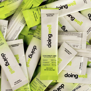 doingwell Coconut Lime high-sodium electrolyte stick packs in single-serving format