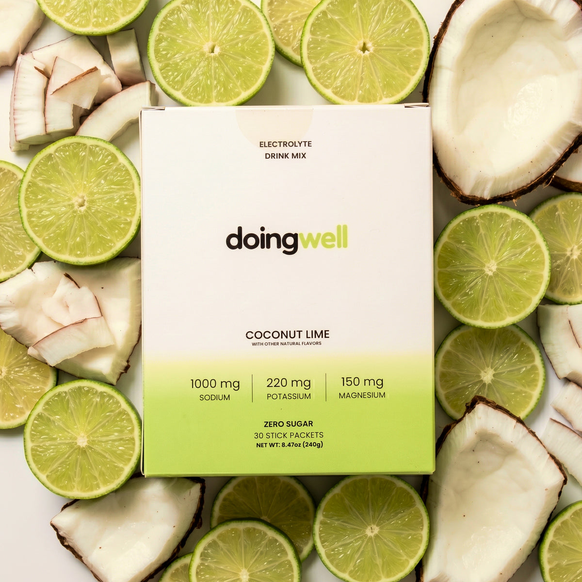 doingwell Coconut Lime electrolyte stick packs and box — 1,000mg sodium, zero sugar, organic monk fruit sweetened