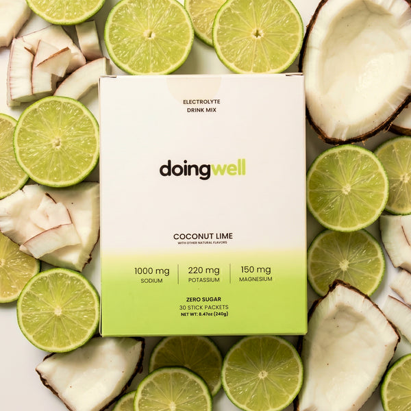 doingwell Coconut Lime electrolyte stick packs and box — 1,000mg sodium, zero sugar, organic monk fruit sweetened