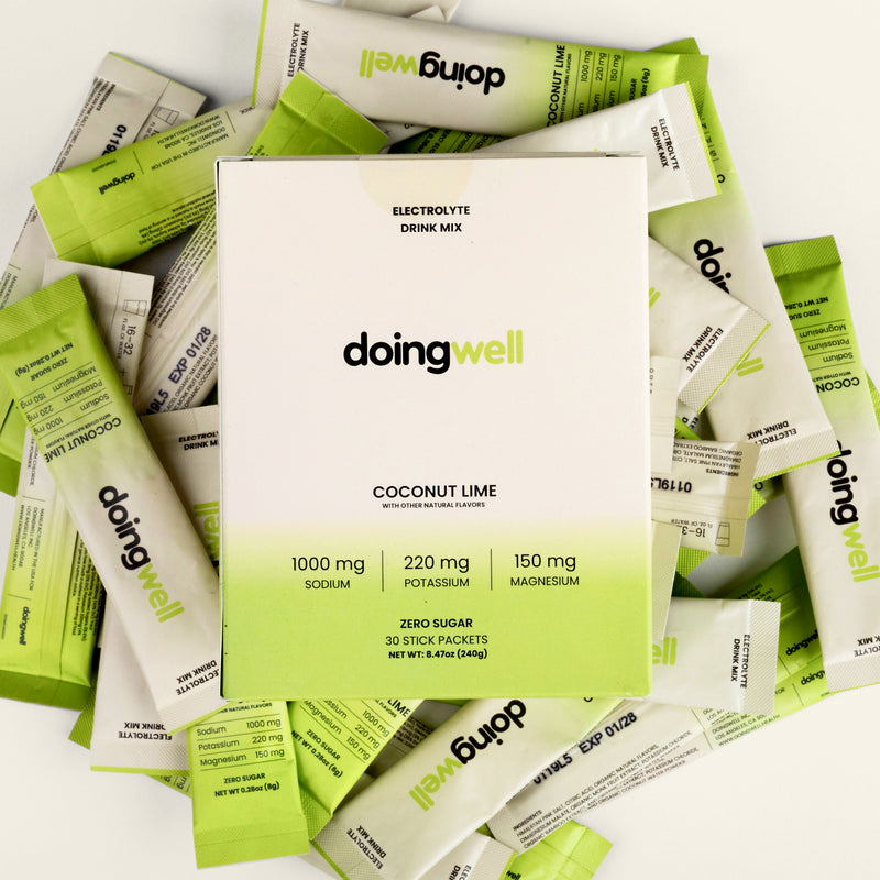 doingwell high sodium based electrolyte drink mix packets and box on a white background
DoingWell Coconut Lime electrolyte stick pack with 1000mg sodium, zero sugar