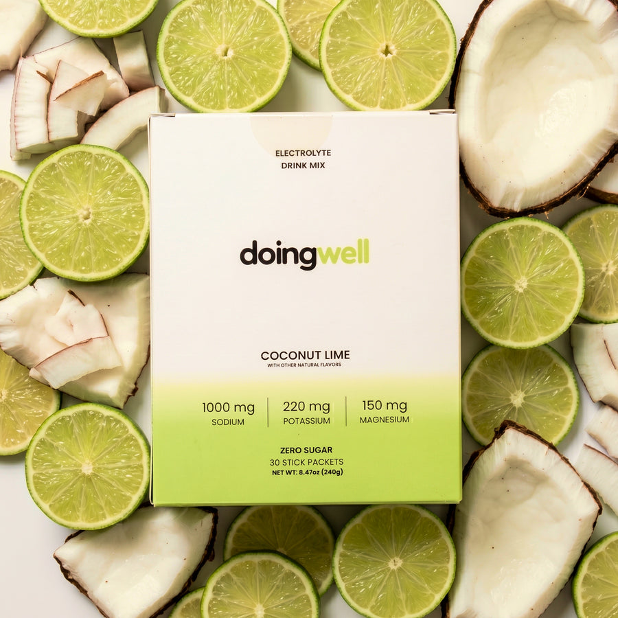 doingwell Coconut Lime electrolyte stick packs and box — 1,000mg sodium, zero sugar, organic monk fruit sweetened