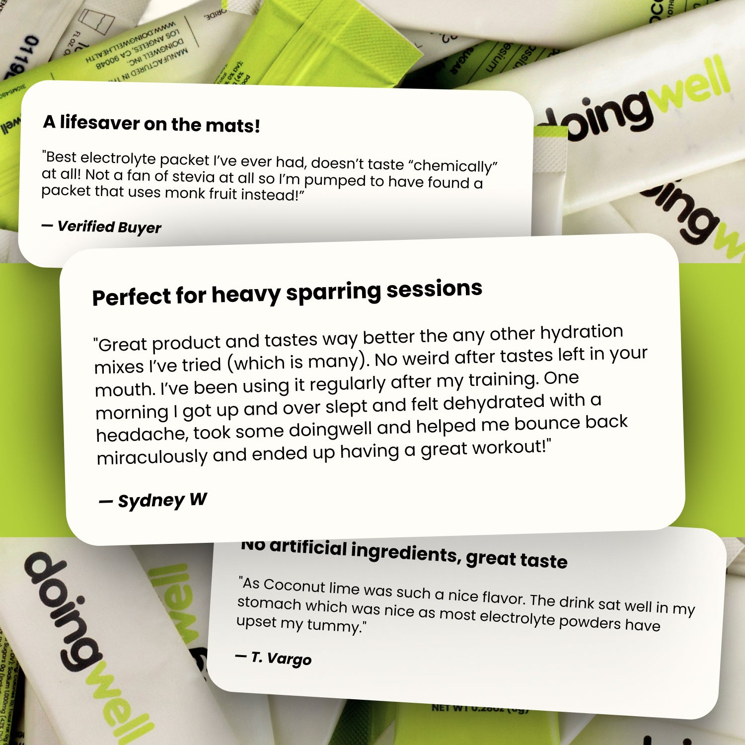 Reviews of electrolyte powder with 'doing well' branding on a background of similar packets.
