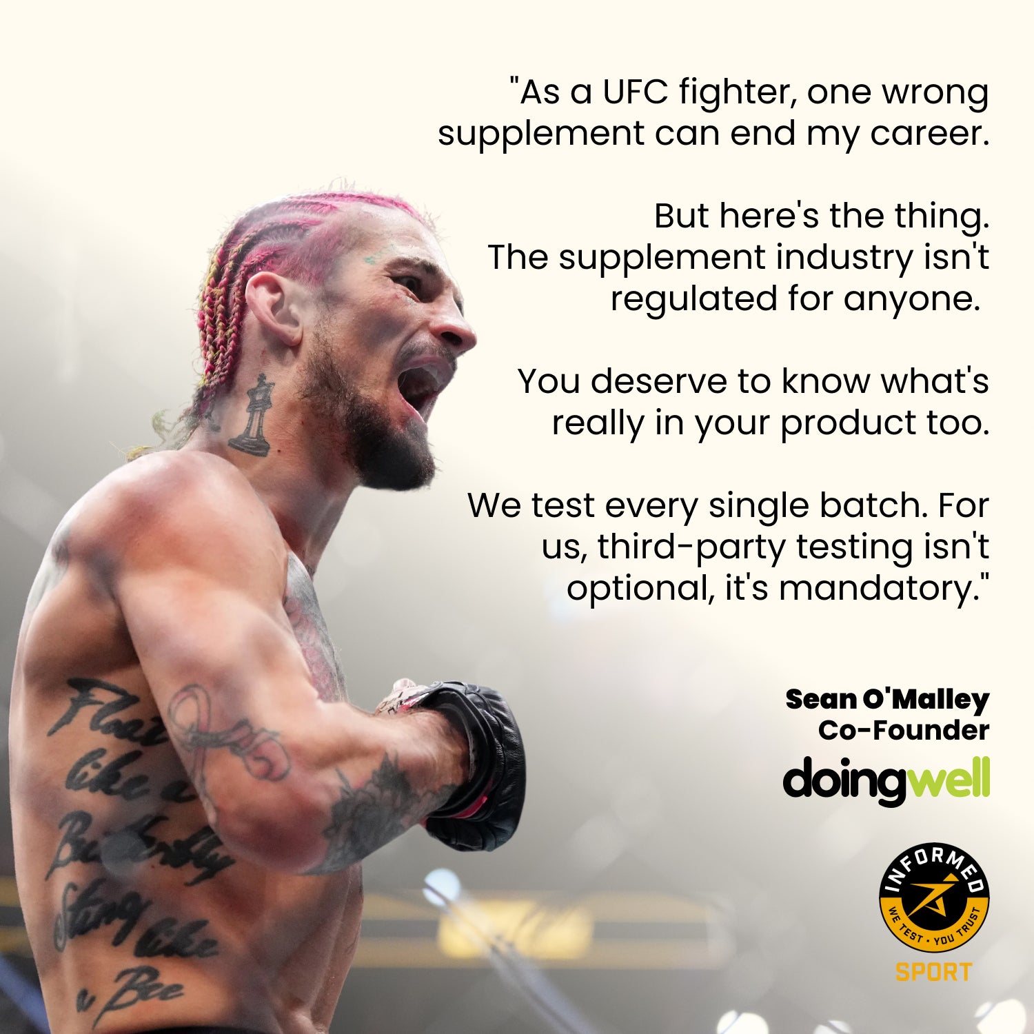 UFC fighter with tattoos and a quote about supplement regulation from Suga Sean O'Malley, Co-Founder of doingwell.