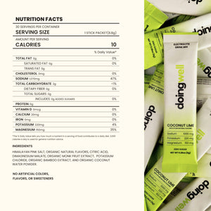 Nutrition facts label for a stick pack with 'doingwell' branding.
DoingWell coconut lime electrolyte mix with 220mg potassium and 150mg magnesium per stick