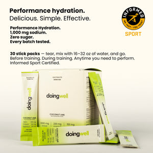 doingwell Coconut Lime stick packs with Informed Sport Certified seal — third-party tested for banned substances