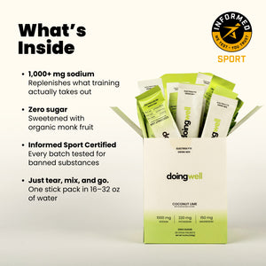 doingwell Coconut Lime stick packs with ingredient and nutrition callouts — zero sugar, organic monk fruit