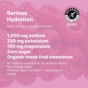 Product label for 'Serious Hydration' with nutritional information and Informed Sport certification on a pink background. high sodium sodium heavy electrolytes