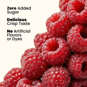 Stack of raspberries with text about zero added sugar, delicious crisp taste, and no artificial flavors or dyes.
