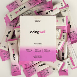 doing well electrolyte drink mix packets and box on a white background
DoingWell Raspberry keto-friendly electrolyte drink mix stick pack