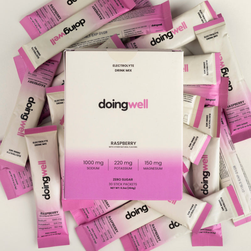 doing well electrolyte drink mix packets and box on a white background
DoingWell Raspberry keto-friendly electrolyte drink mix stick pack