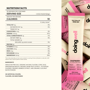 Nutrition facts label for a stick packet with 'doingwell' branding.
DoingWell Raspberry electrolyte mix with 220mg potassium and 150mg magnesium per stick