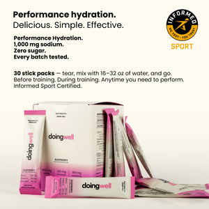 informed sport banned substance certified doing well performance hydration stick packs with packaging on a white background