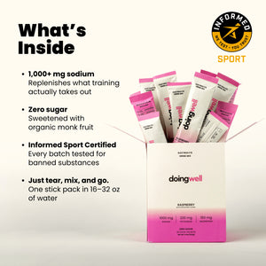 doingwell electrolyte powder packets with product details on a white background. informed sport banned substance certified doing well performance hydration stick packs with packaging on a white background