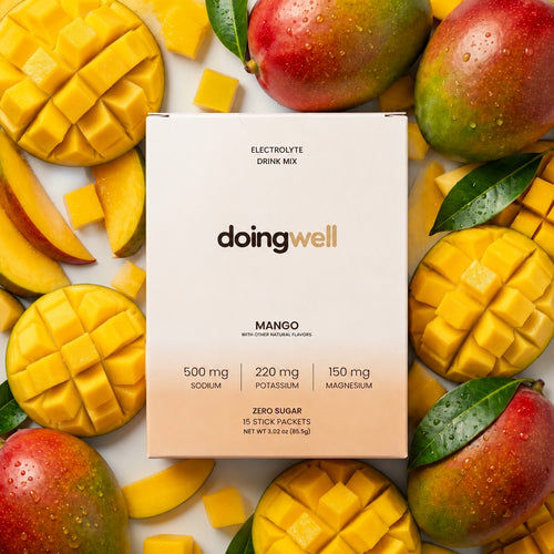 doingwell Mango daily hydration electrolyte drink mix — 15-stick carton with stick packs, 500mg sodium, zero sugar