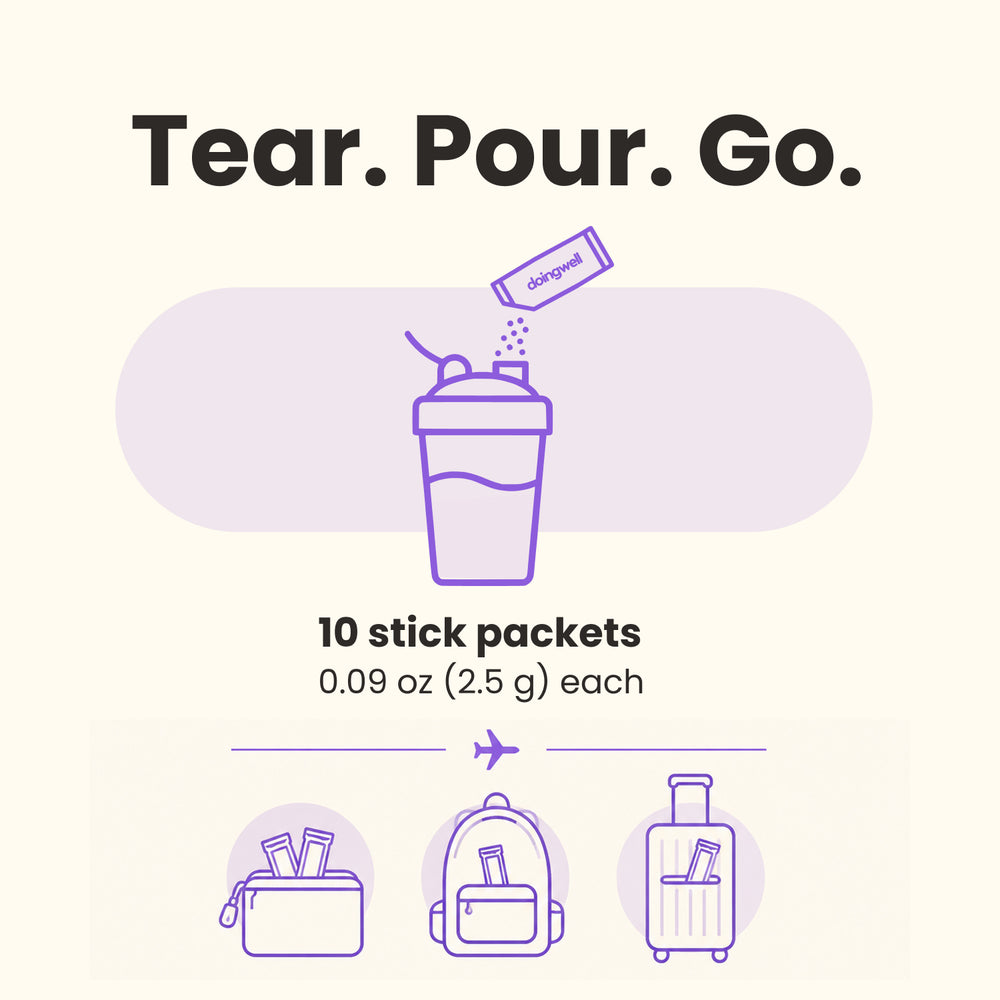 How to use doingwell POG — tear, pour and go, 10 stick packets of 0.09 oz (2.5g) each, sized for bags and travel