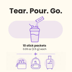 How to use doingwell POG — tear, pour and go, 10 stick packets of 0.09 oz (2.5g) each, sized for bags and travel