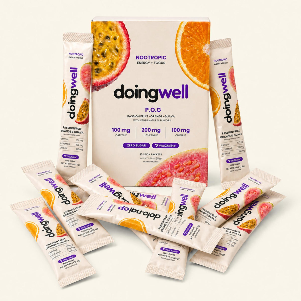 doingwell POG 10-stick carton shown with individual stick packs — single-serve nootropic energy and focus drink mix