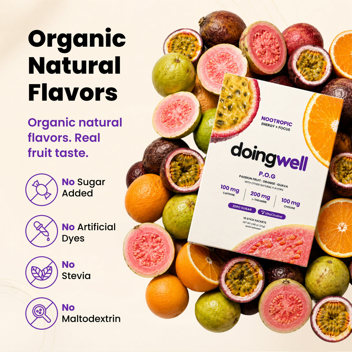 doingwell POG organic natural flavors — no stevia, no maltodextrin, no sugar added, no artificial flavors