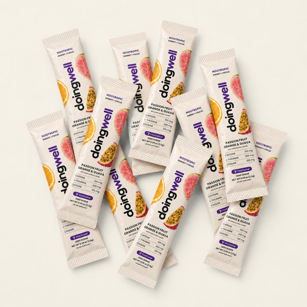 doingwell POG stick packs — passion fruit, orange and guava with other natural flavors, sweetened with organic monk fruit
