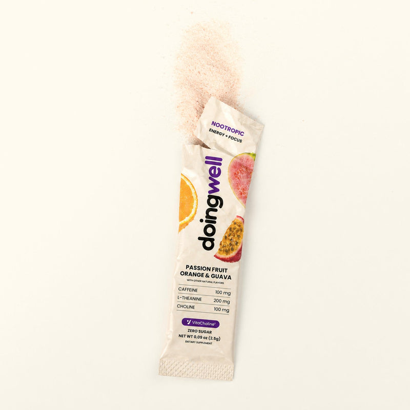 Single doingwell POG stick pack in passion fruit, orange and guava — zero-sugar nootropic energy and focus drink mix