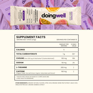 doingwell POG supplement facts — 5 calories, 100mg choline, 200mg L-theanine, 100mg caffeine and 50mg sodium per stick