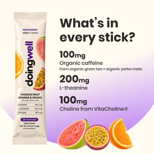 What's in every doingwell POG stick — 100mg organic caffeine, 200mg L-theanine and 100mg choline from VitaCholine
