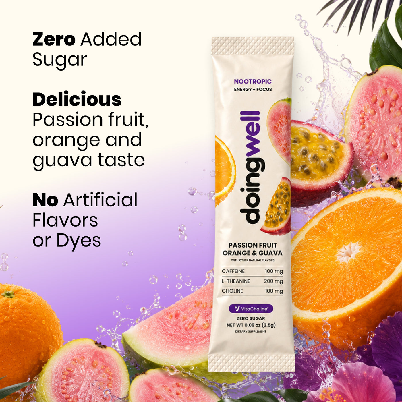 doingwell POG — zero added sugar, passion fruit, orange and guava taste, no artificial flavors or dyes