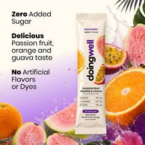 doingwell POG — zero added sugar, passion fruit, orange and guava taste, no artificial flavors or dyes