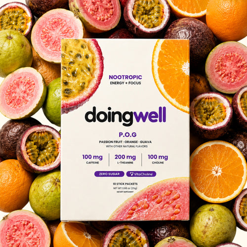 doingwell POG nootropic energy drink mix, 10-stick carton — 100mg caffeine, 200mg L-theanine, 100mg choline per stick